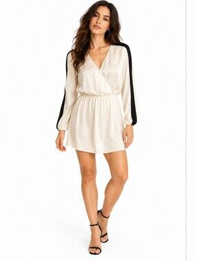 Parker 100% Silk Colorblock Faux Wrap Mini Dress Black Ivory XS